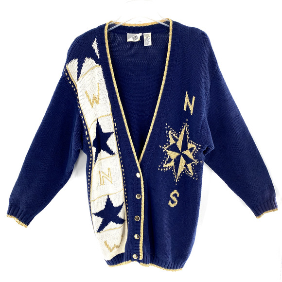Vintage Jason Maxwell Compass Cardigan Sweater Sz M Blue Gold V-Neck Nautical - Picture 1 of 13